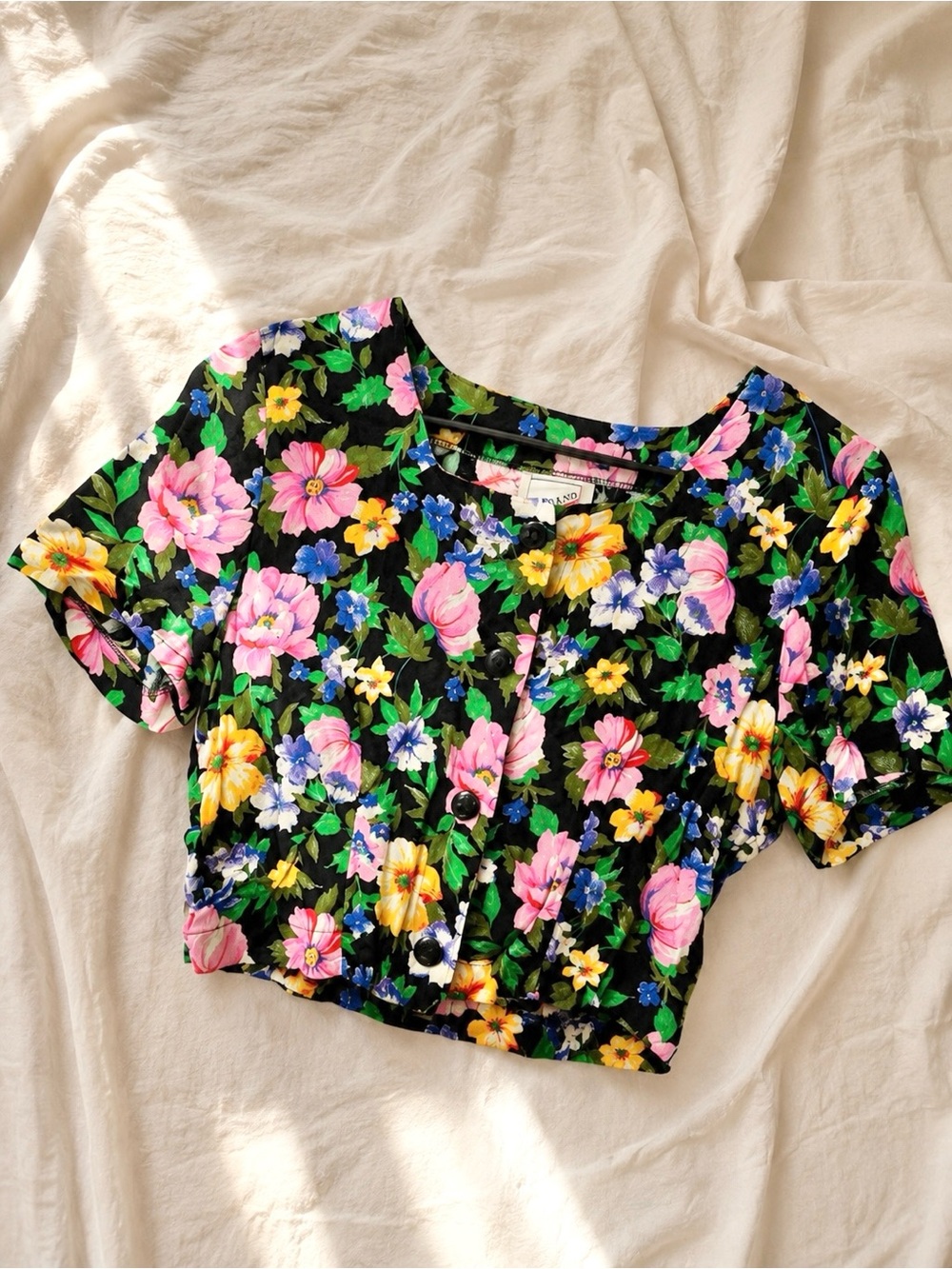 Vintage Black Floral Crop Top with Pink & Yellow Flowers